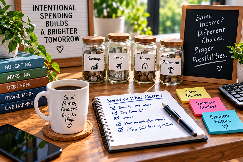 Financial planning desk with labeled savings jars, a spending priorities checklist, budgeting materials, and long-term financial goals.