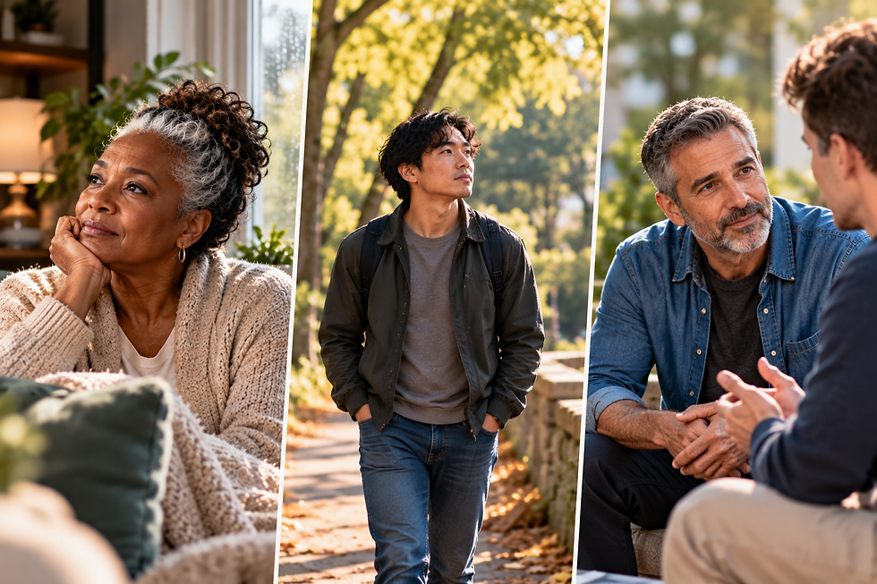 Three-panel editorial image showing an older Black woman reflecting, a young Asian man walking outdoors, and a middle-aged man receiving support, illustrating different experiences of grief.