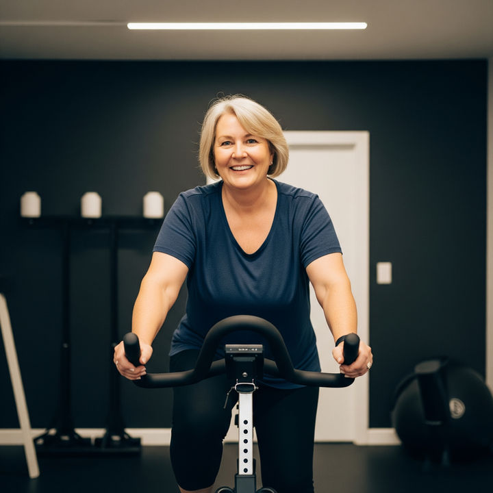 Lächelnde Frau beim Indoor-Cycling