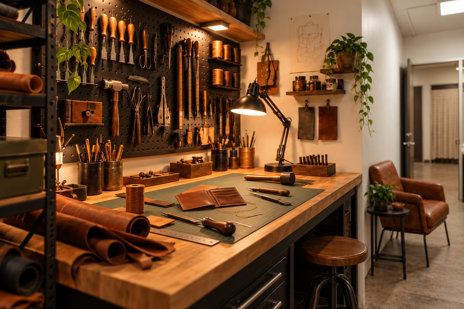 Virtual close-up of leatherworking bench