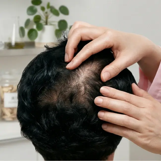 OiN Hair 專業理療師為客戶進行頭皮檢查，針對脫髮與毛囊閉塞問題提供中藥理療方案。