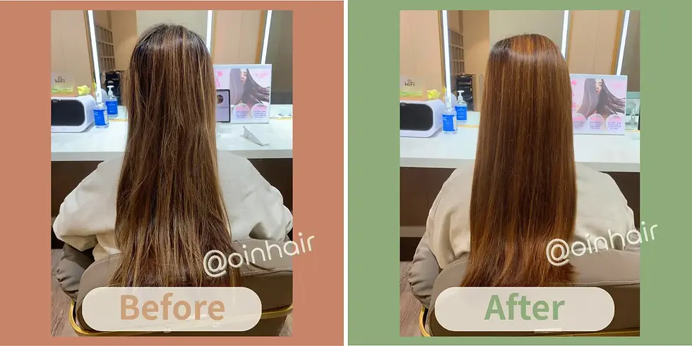 OiN Hair treatment 前後對比圖，左側長髮毛躁分岔標示 Before，右側髮絲順直柔亮標示 After，畫面有 @oinhair 水印