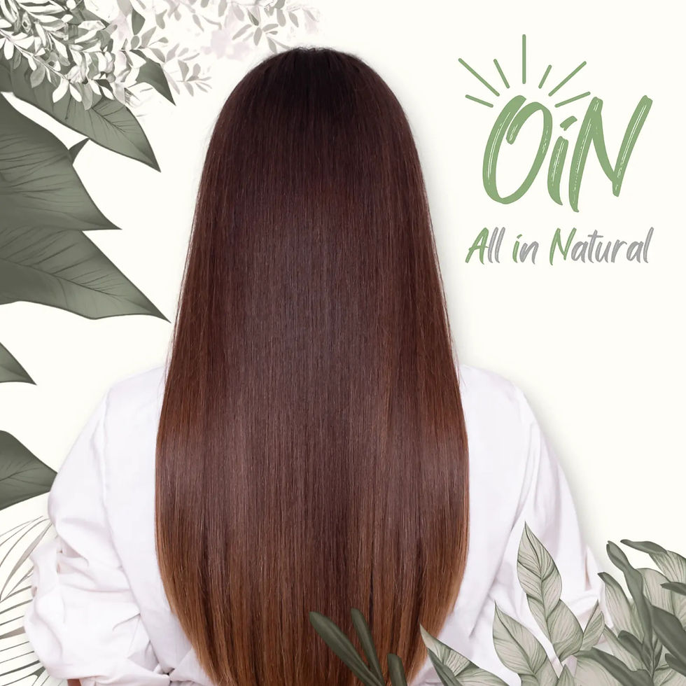 OiN Hair Mobile Homepage — Featuring a woman showcasing healthy, lustrous, long, straight hair, and highlighting natural herbal hair coloring, deep-conditioning treatments using traditional Chinese medicine, and dual authoritative certifications.