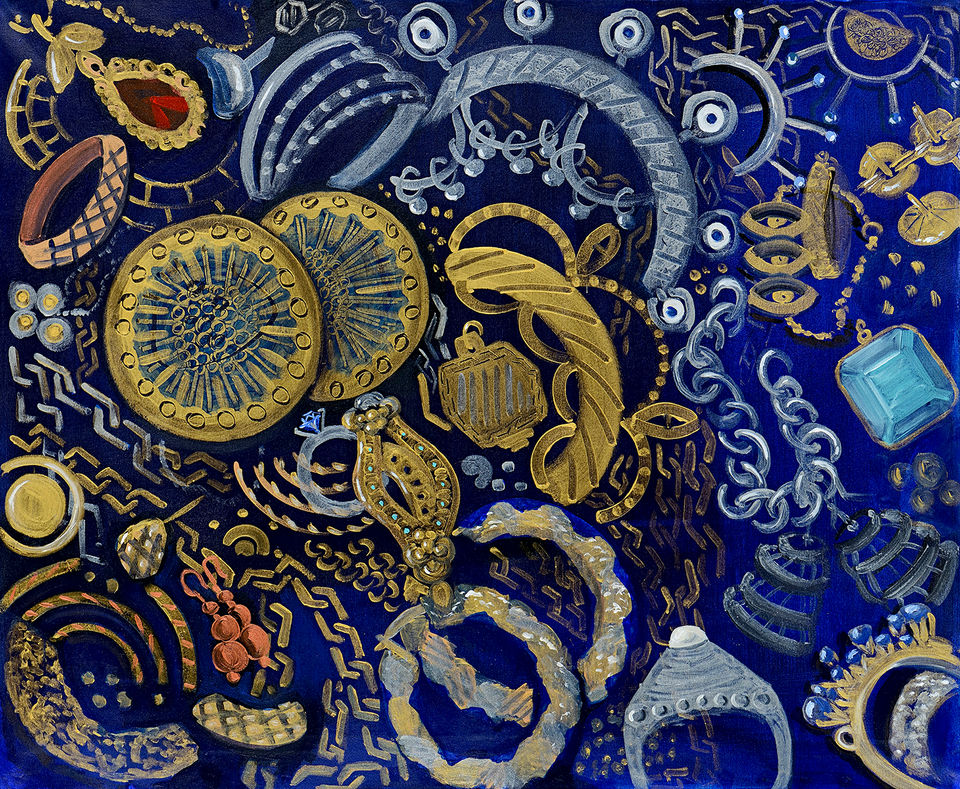 acrylic jewelry painting on blue velvet color background