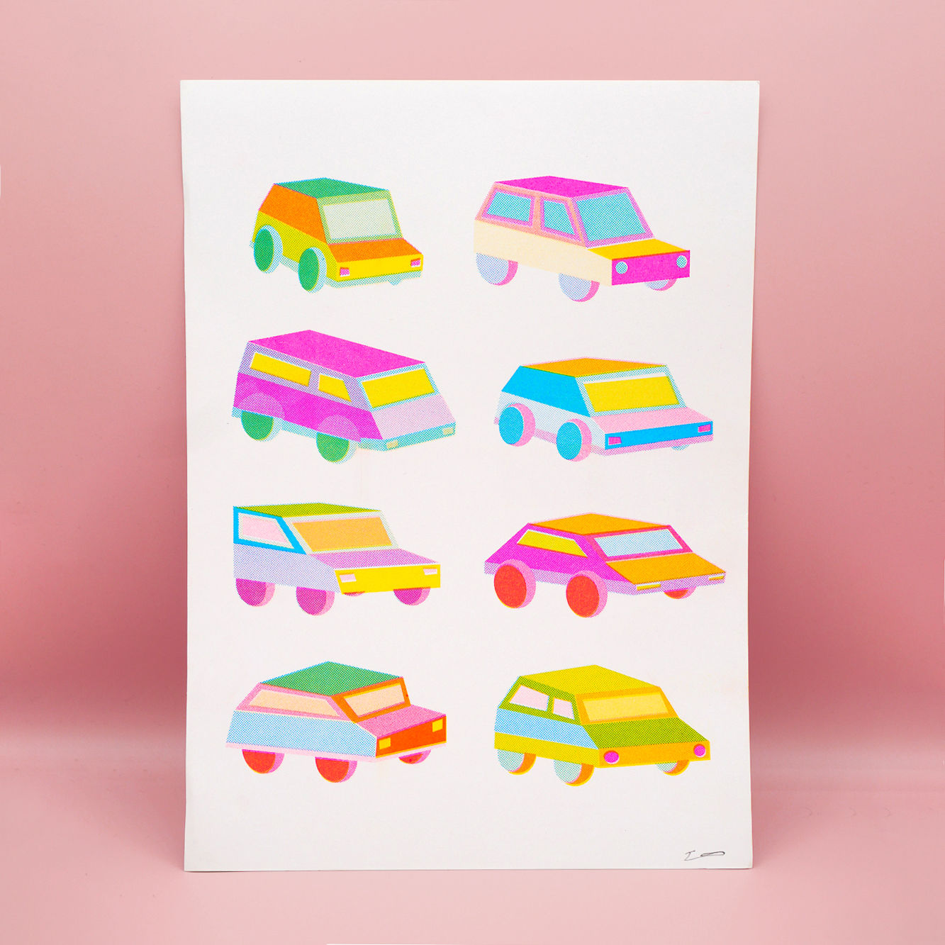 Kleurrijke auto illustratie riso print poster A4