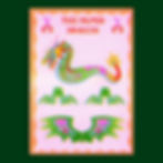 Een A4 risoprint met een roze achtergrond en onderdelen van een groene draak met de tekst 'paper dragon' erboven