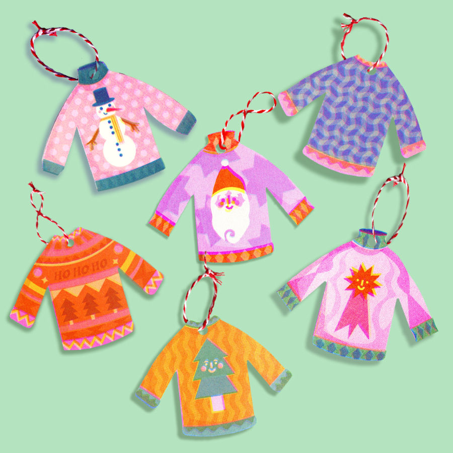 Creative and colourful riso christmas hangers of Christmas sweaters made by illustrator Ellis Tolsma
