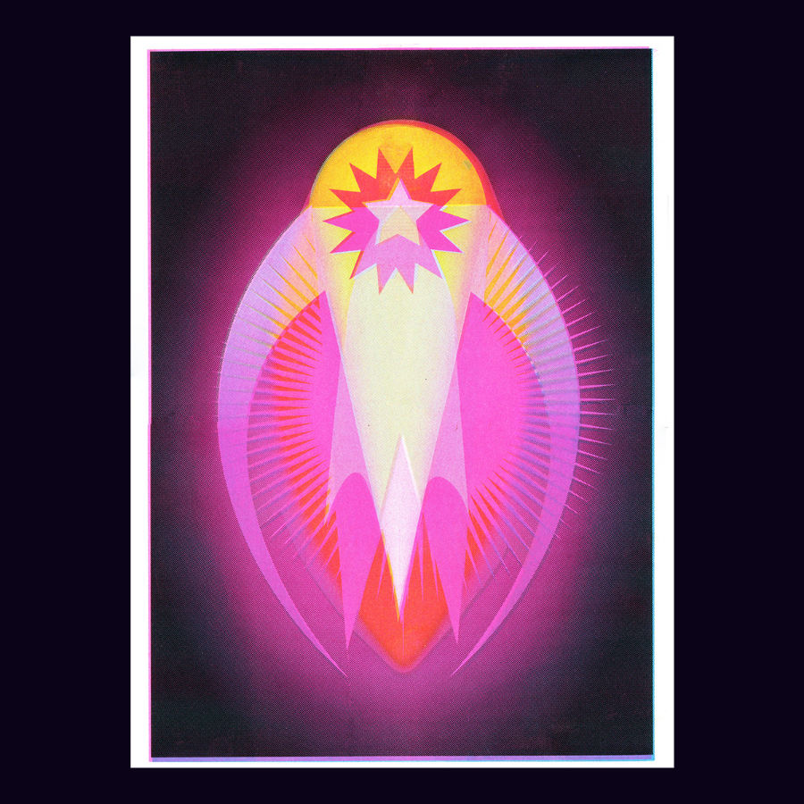 Thumbnail: Creative and colourful riso print illustration made by Ellis Tolsma of a comet with riso colours blue black yellow and pink
