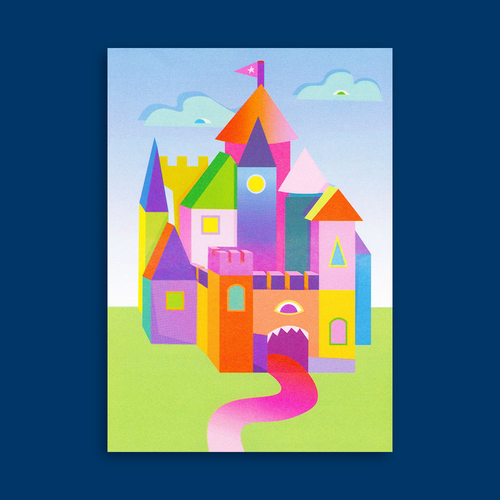 Riso print illustration of colourful castle