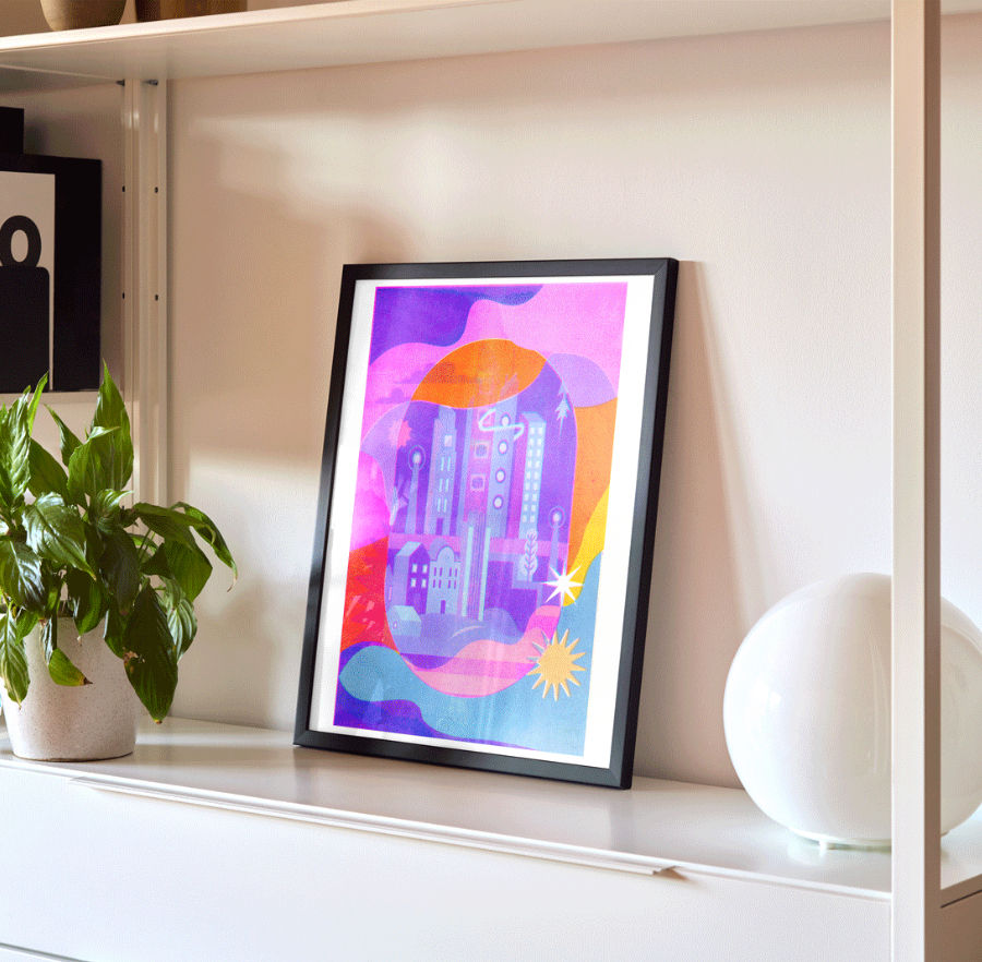 Framed creative and colourful riso print illustration of futuristic city made by illustrator Ellis Tolsma