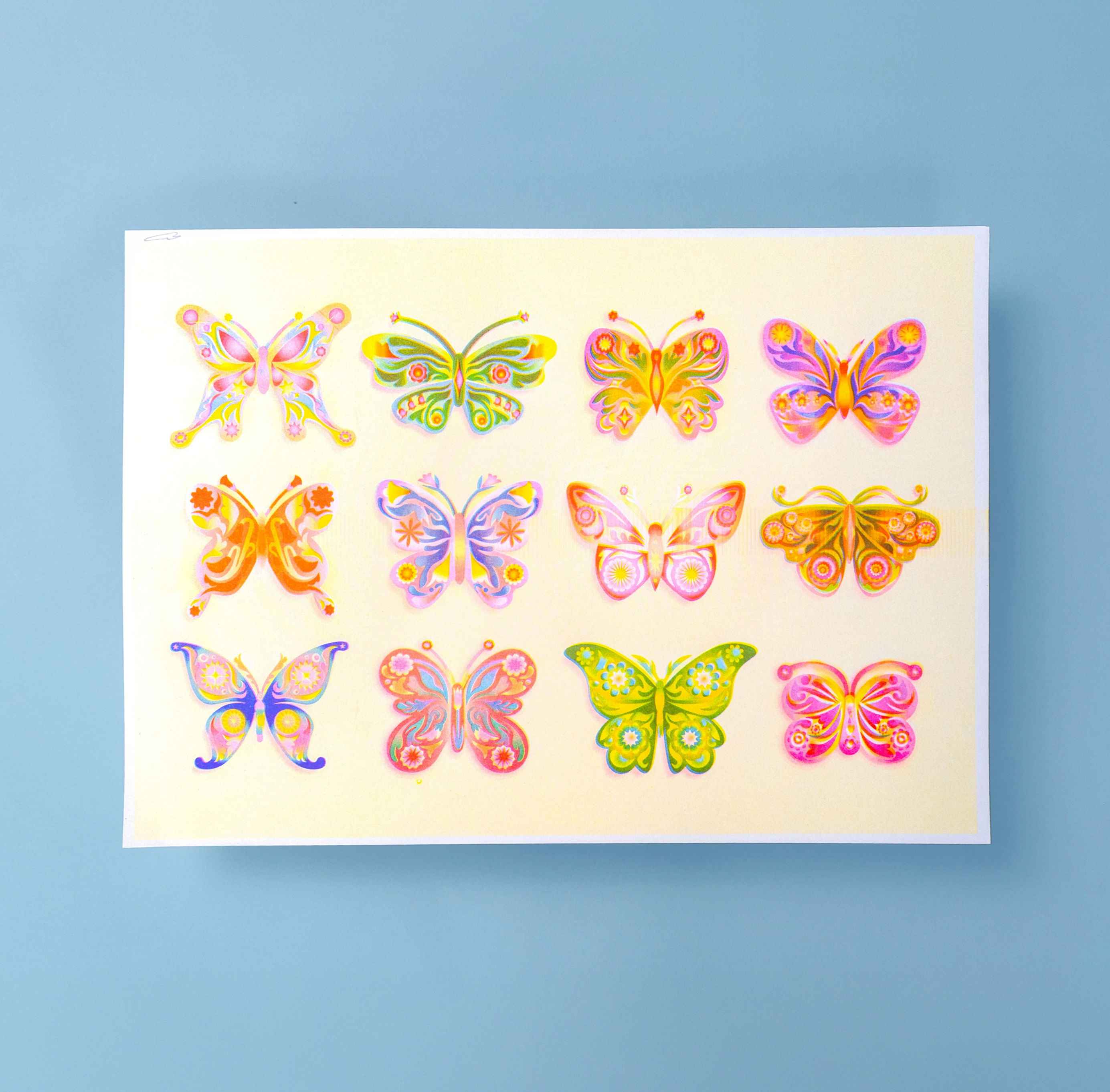 Kleurrijke vlinders riso print poster A3