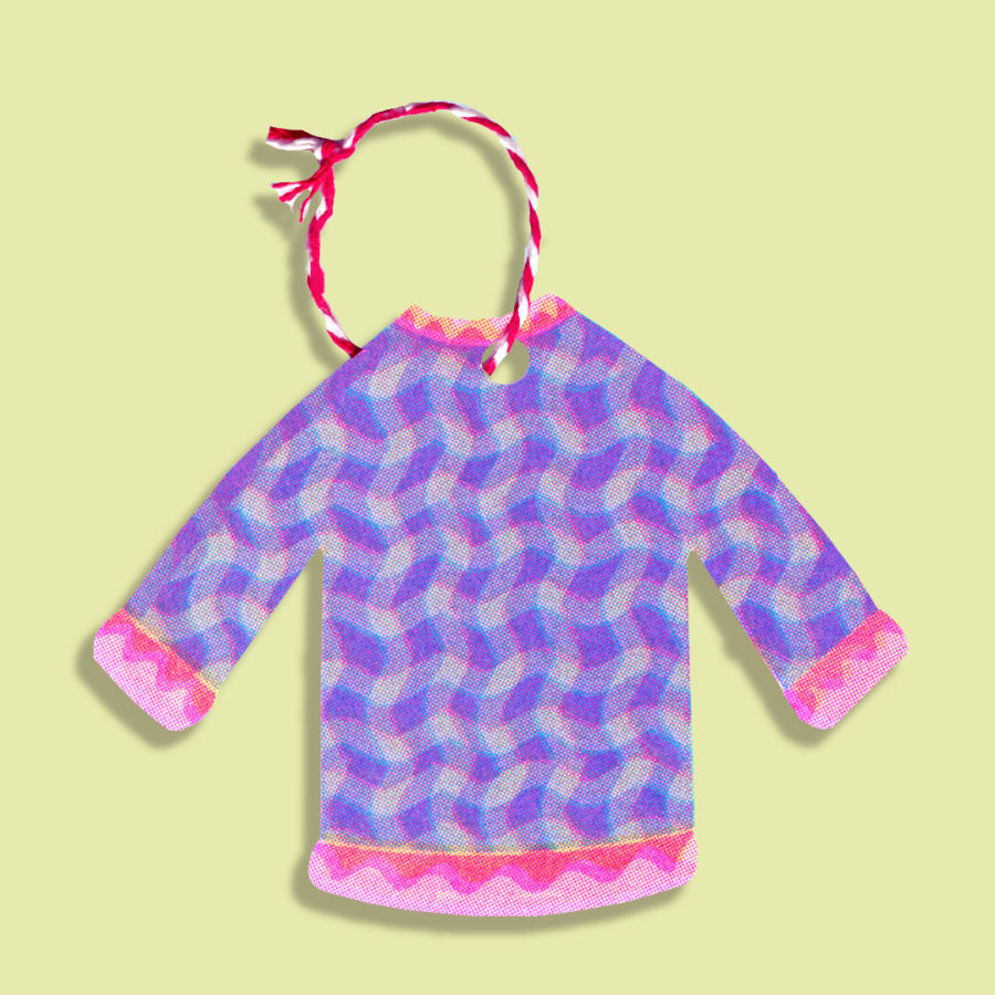 Creative and colourful riso christmas hanger of purple christmas sweater made by illustrator Ellis Tolsma