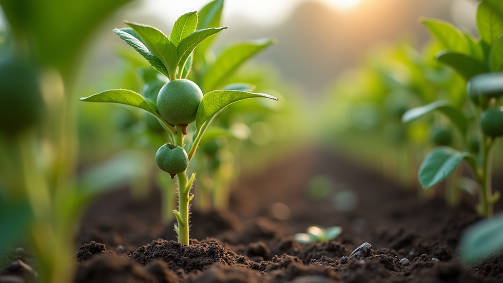 Close-up view of healthy fruit saplings in a nursery
