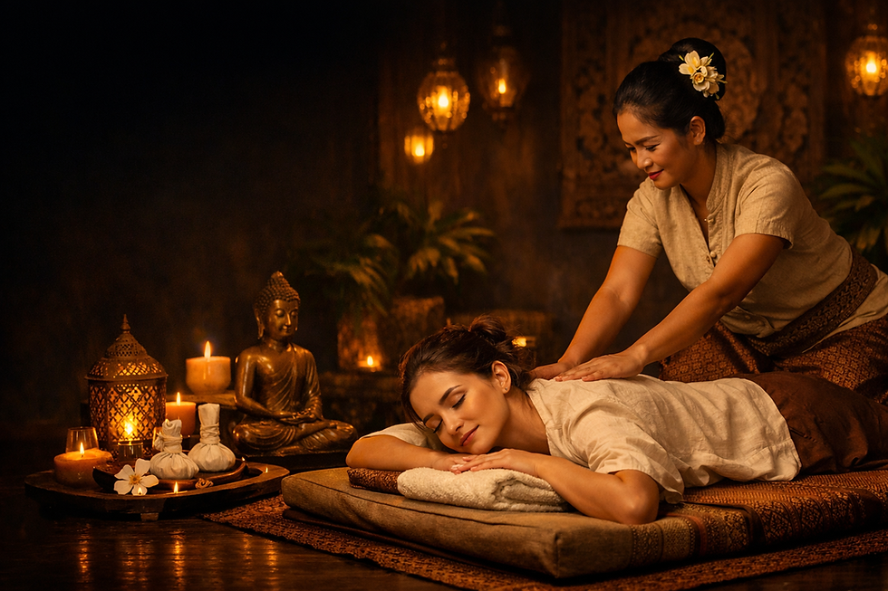 Vrouw krijgt massage in sfeervolle ruimte met kaarslicht en Boeddhabeelden. Ontspannen sfeer bij Thai Massage Sabai, bloemen in haar en warme aardetinten.