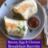 Bacon, egg, and cheese burrito on a gray plate with a side of salsa, garnished with greens. Text reads "Bacon, Egg & Cheese Breakfast Burrito."