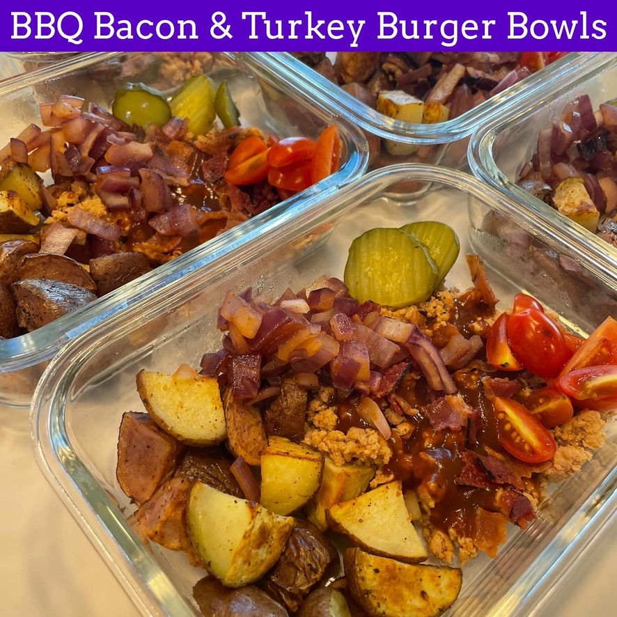 Glass containers with BBQ bacon and turkey bowls, featuring diced onions, potatoes, cherry tomatoes, and pickles. Text: "BBQ Bacon & Turkey Burger Bowls."