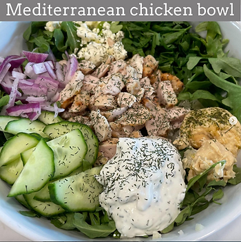 A bowl of Mediterranean chicken with cucumber, onion, tzatziki, and greens. Text above reads "Mediterranean chicken bowl."