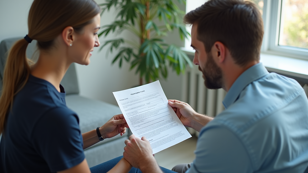 High angle view of a patient and chiropractor discussing treatment plan with clear pricing documents