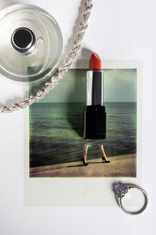 Luxury Editorial Still Life, Guy Bourdin, photo collage with lipstick, polaroid, and diamond bracelet