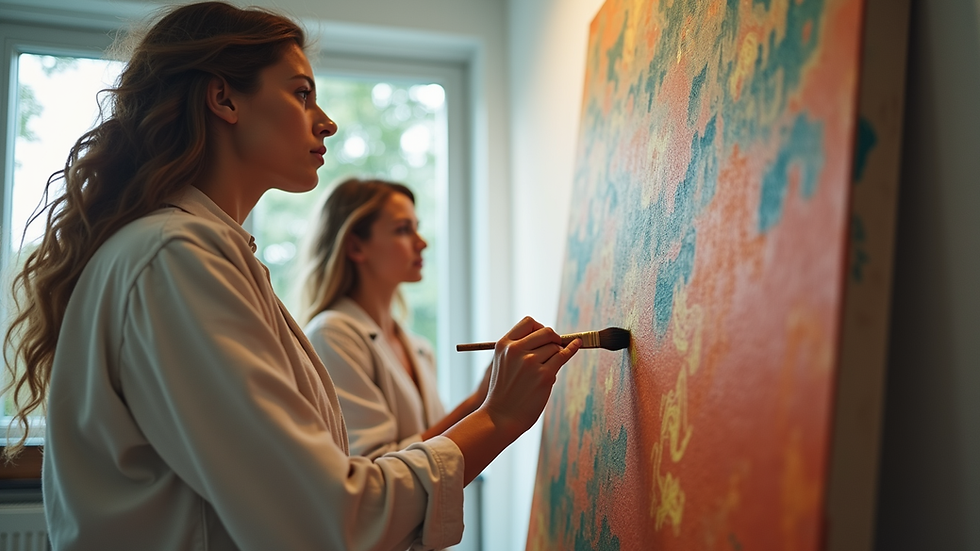 Eye-level view of a couple painting together on a large canvas