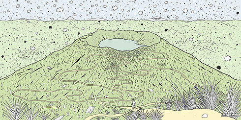 Ilustración metafórica del viaje de la psicoterapia: un camino sinuoso que sube una montaña hacia un cráter luminoso, representando la búsqueda de perspectiva y alivio emocional