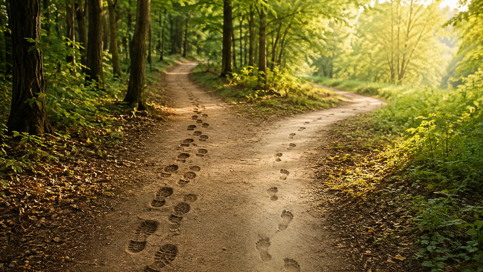 Woodland path with changing footprints symbolising breaking inherited family patterns and personal growth through counselling.