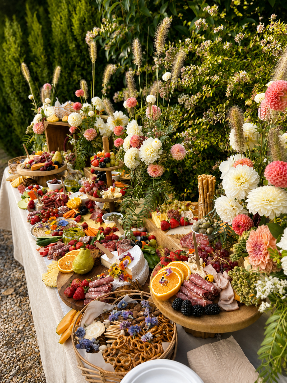 A generous Soul Mamas grazing table with fruit, cheese and flowers