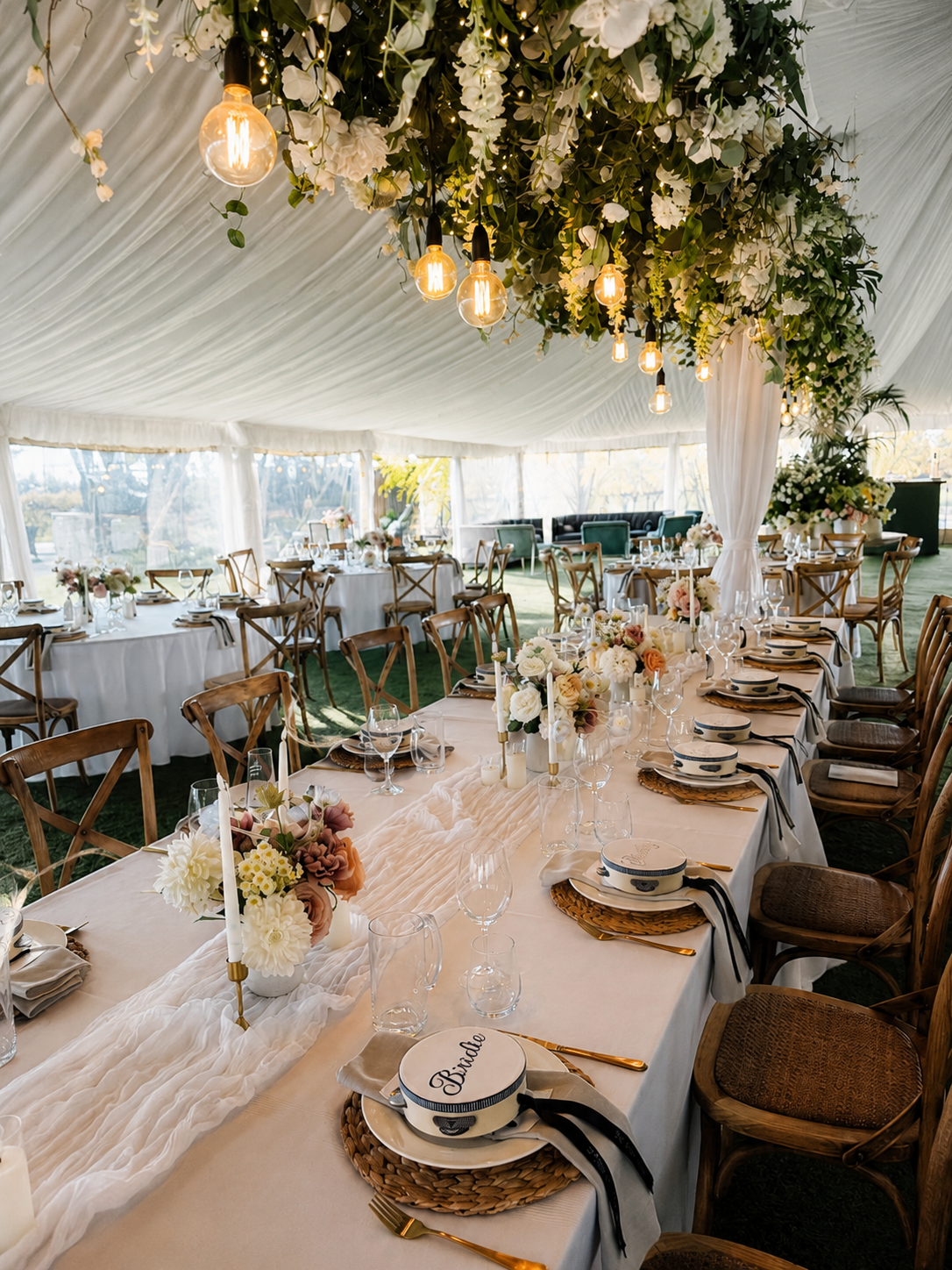 A styled wedding reception table in a Mudgee marquee