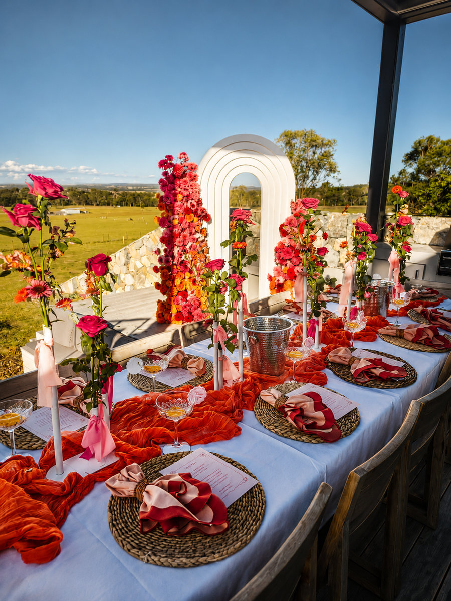 A long event table dressed in red and pink with a white arch and country views