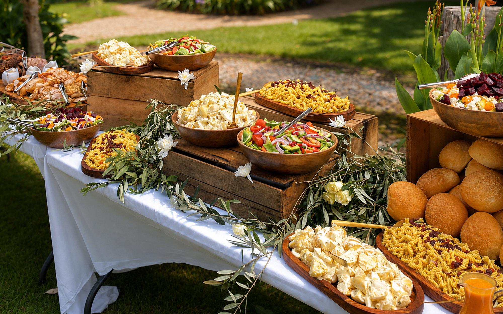 An outdoor share feast on timber crates: salads, pasta, bread rolls and roast vegetables in the garden