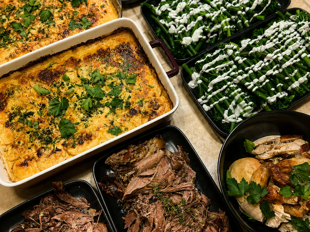 Trays of potato bake, greens, slow-cooked meat and roast chicken ready to serve