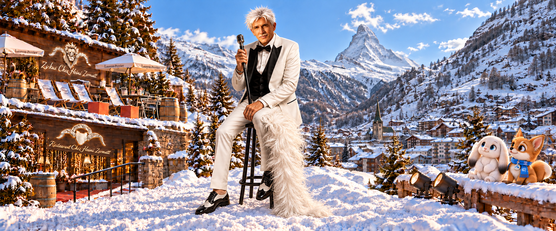 Gestaltete Fotomontage: Dan Daniell, Chez Heini, Matterhorn und Zermatt
