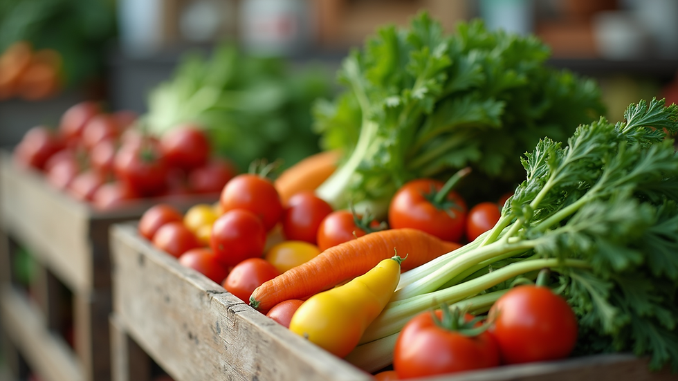 Close-up view of fresh organic vegetables in a wooden crate