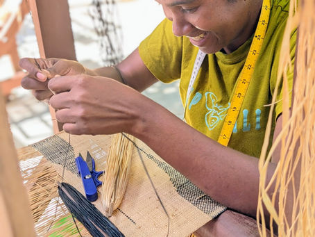 A Tanana Madagascar artisan weaves raffia cloth for the special Selvedge Artisan Goods collection