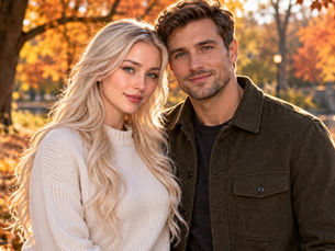 Adult platinum-blonde woman and brown-haired man with both faces sharp in an autumn couple portrait