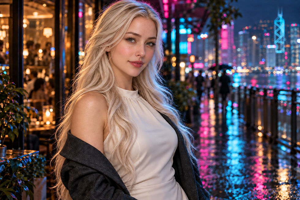 Adult woman with long platinum-blonde waves, softly lit skin and emerald eyes against a neon night background