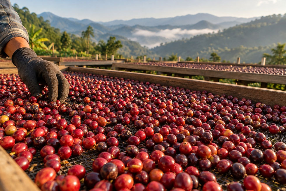 Whole ripe coffee cherries drying on a raised mesh bed in a tropical farm setting