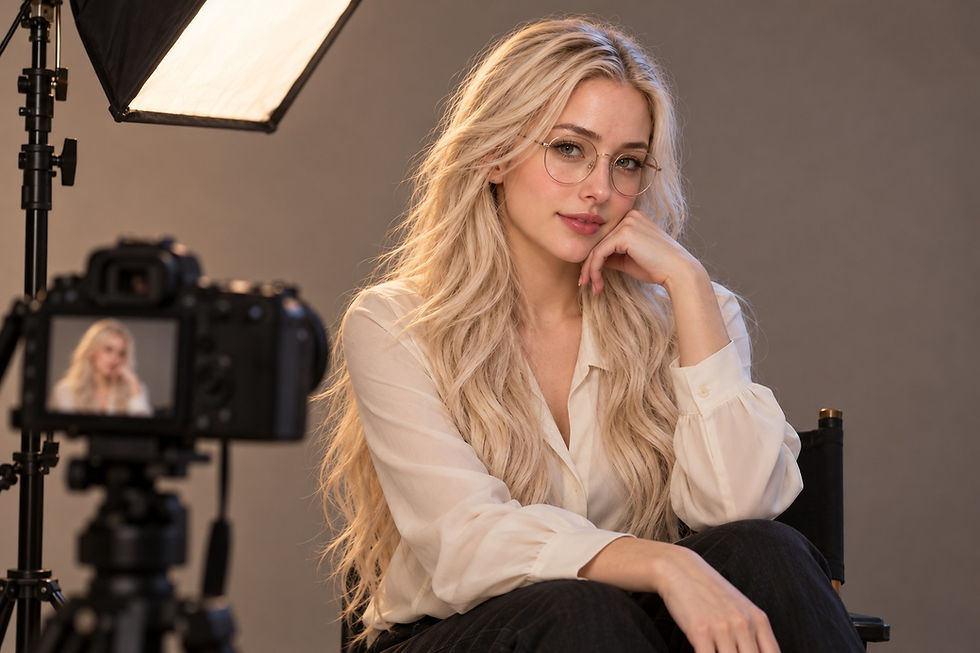 Wide studio illustration of a platinum-blonde woman wearing glasses, a camera and a raised side softbox