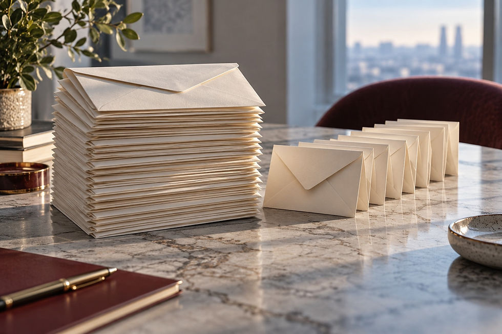 Large stack of plain saving envelopes beside separately arranged smaller envelopes