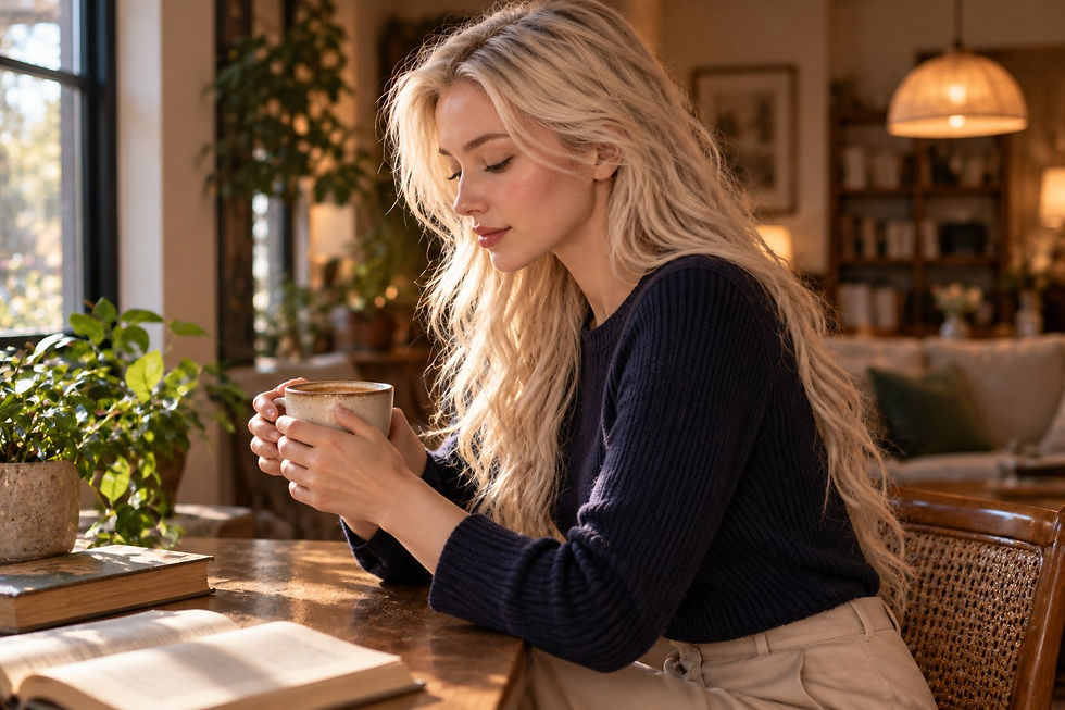 Opposite-side portrait showing the right cheek as the woman looks down at a cup