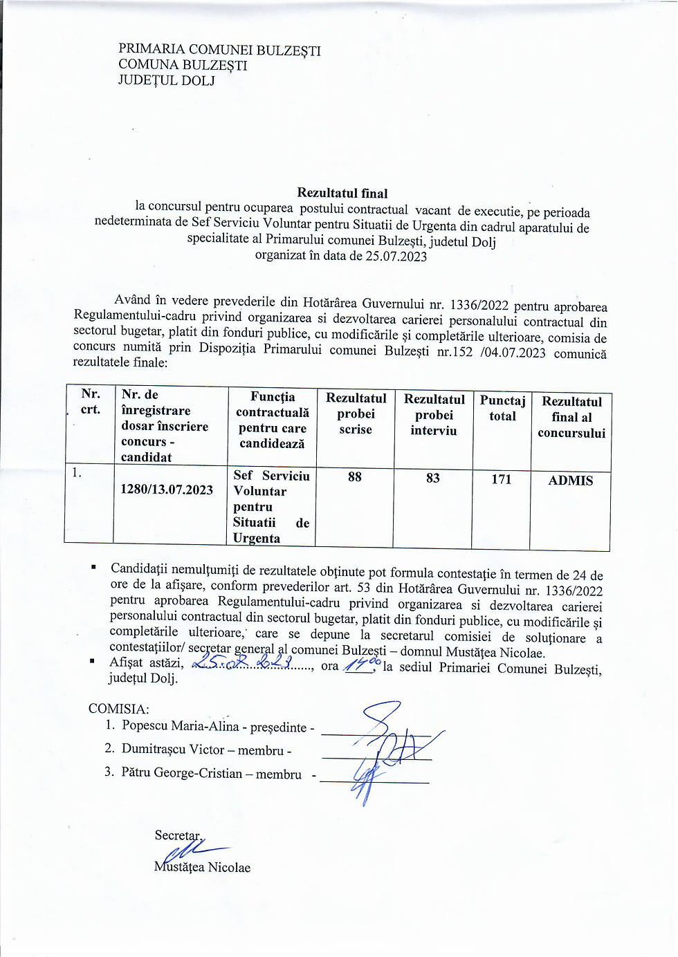 Rezultat final concurs -ȘEF SVSU- organizat în data de 25.07.2023.