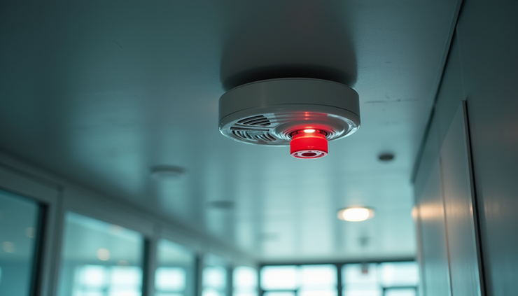 High angle view of a smoke detector and fire alarm mounted on a commercial facility ceiling