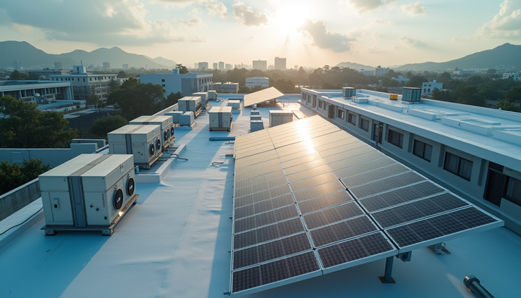 High angle view of a commercial building rooftop with solar panels and HVAC units