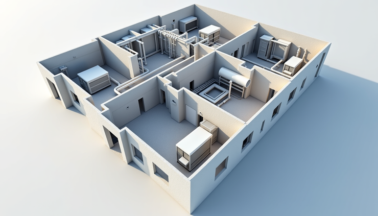 High angle view of a BIM 3D model showing HVAC, electrical, and plumbing systems in a commercial building