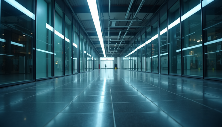 Eye-level view of a modern office building with automated lighting system