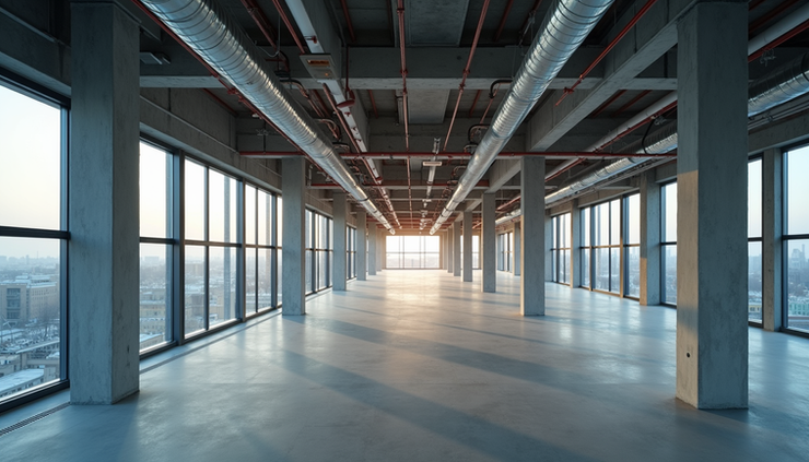 High angle view of coordinated MEP systems installation in a construction site