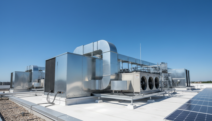 Low-angle view of rooftop HVAC units on a modern commercial building