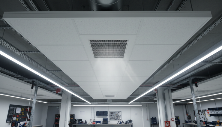 Close-up view of a ceiling air diffuser releasing clean air into a workshop space