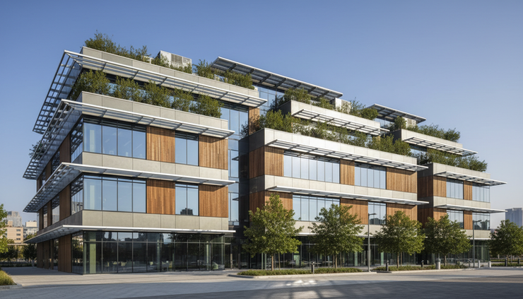 Wide-angle view of a modern green building with rooftop HVAC units
