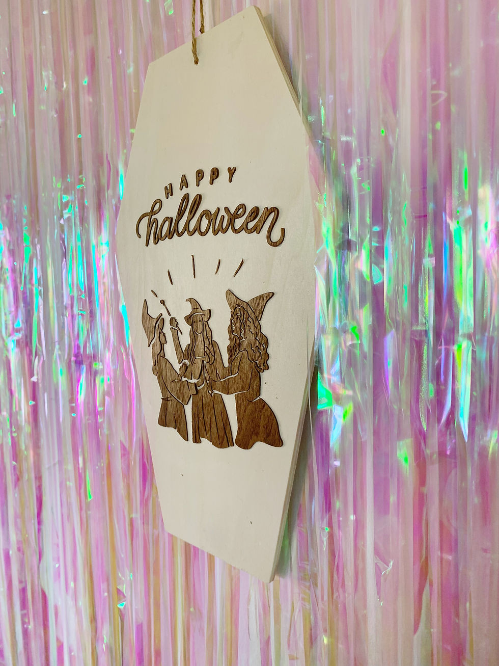 Wooden sign with three witches and happy halloween